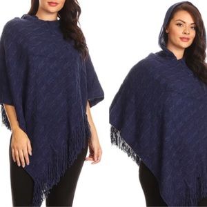 Navy Blue Fringe-Accented Poncho